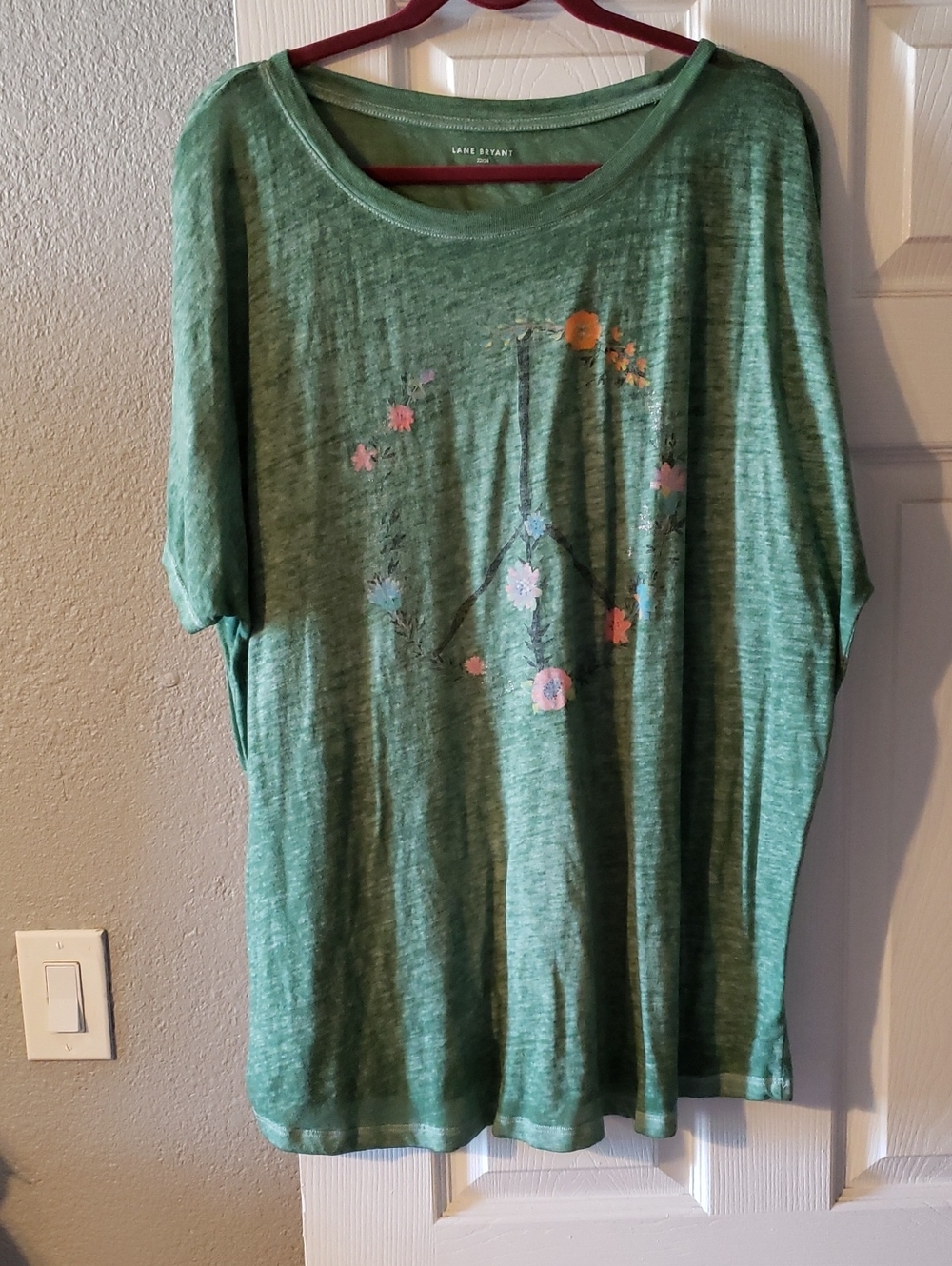 Lane Bryant Green Floral Peace Sign Tee with Pink & Orange Accents